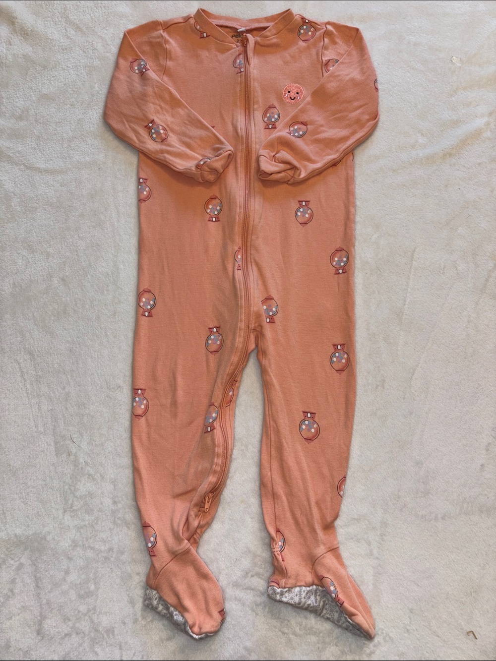 (2 for $10) PEKKLE gum-ball Peach Zip-Front Footed One-Piece for Kids 24 month